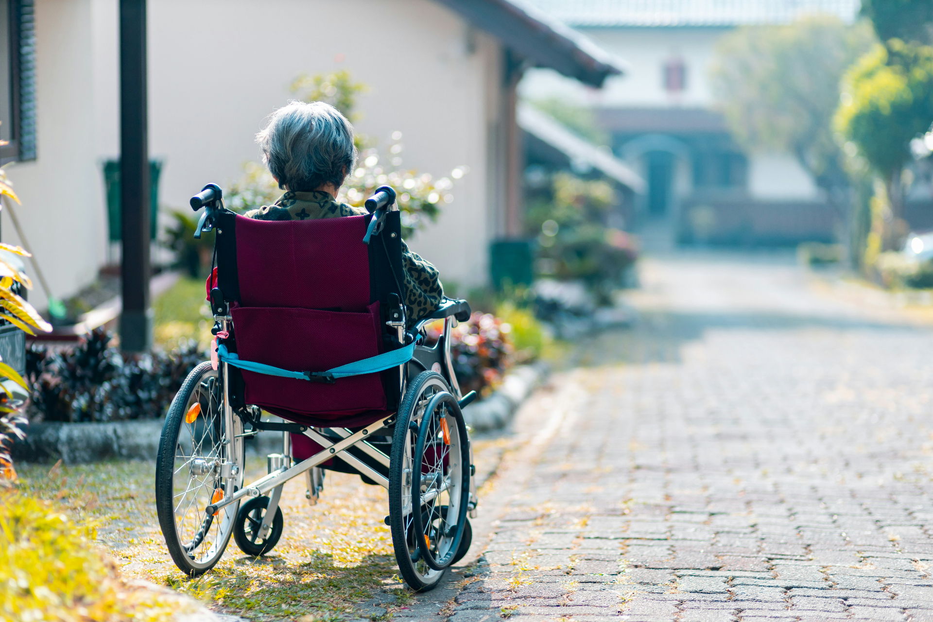 An older adult sits in a wheelchair on a sunlit garden path outside their home.